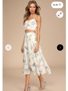 LULUS  Sweet At Heart White Floral Embroidered Two-Piece Midi Dress Size M